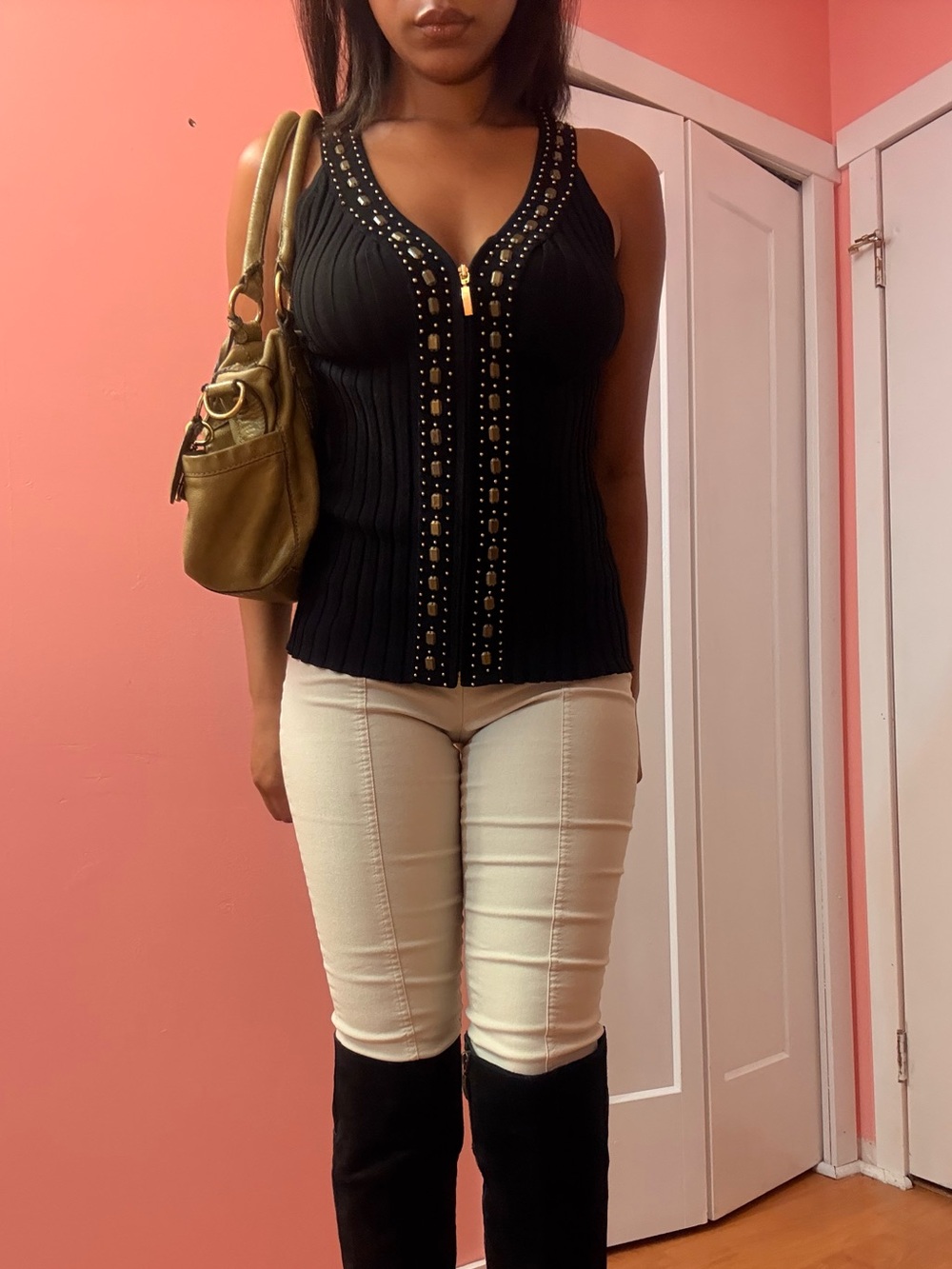 Bronze studded sleeveless knit zip up vest